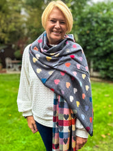 Thick Reversible Multi Coloured Love Hearts Checked GREY Pashmina Winter Scarf