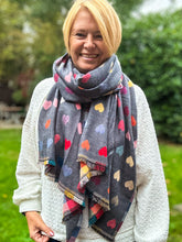 Thick Reversible Multi Coloured Love Hearts Checked GREY Pashmina Winter Scarf