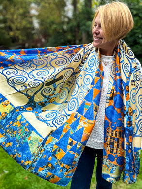 Ladies 100% SILK Painter Klimt Tree of Life Print BLUE ORANGE Fashion Scarf