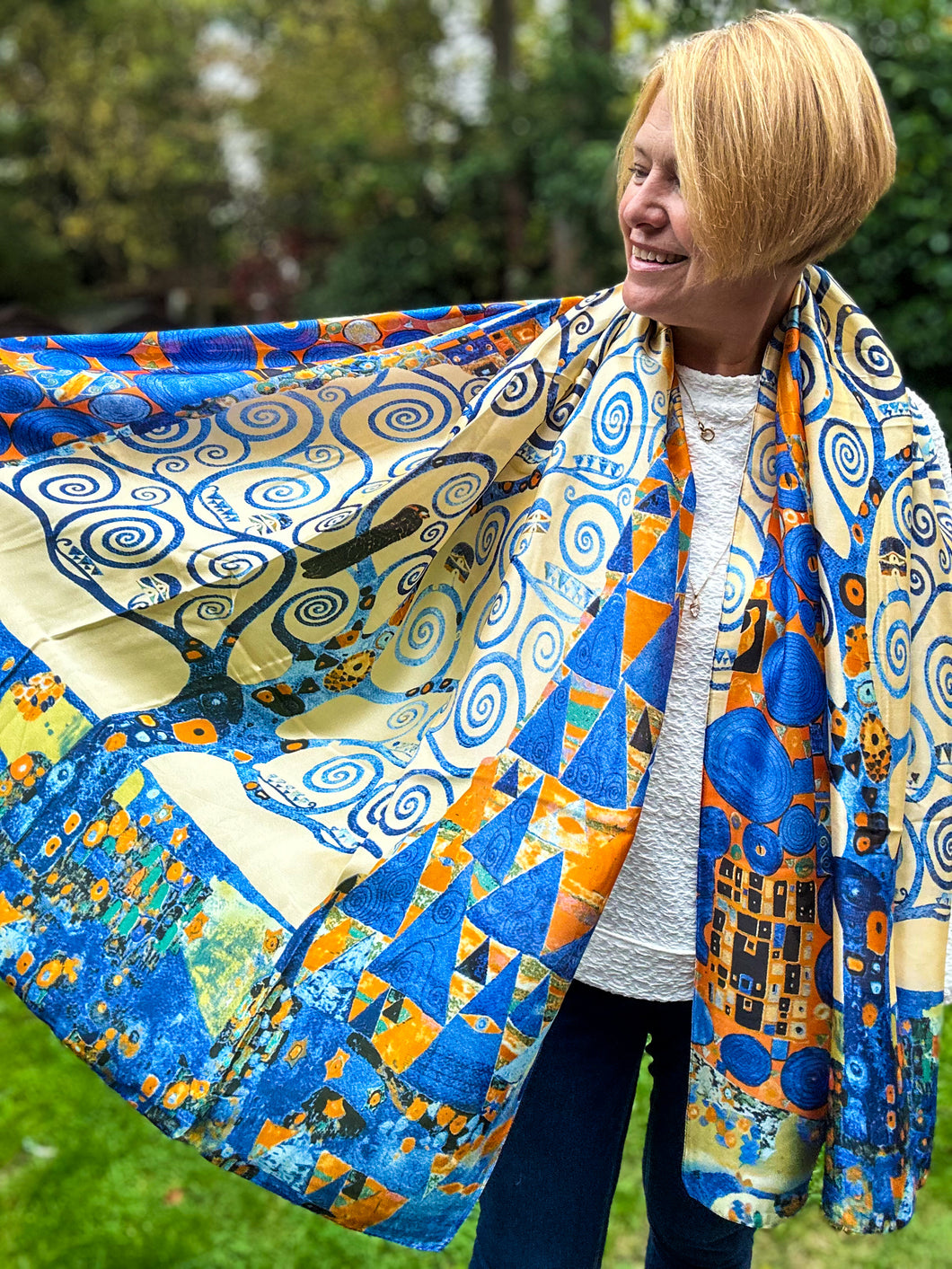 Ladies 100% SILK Painter Klimt Tree of Life Print BLUE ORANGE Fashion Scarf