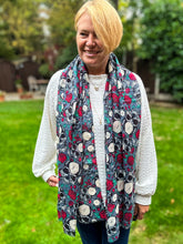 Ladies Skulls and Roses Print Frayed GREY RED Fashion Scarf