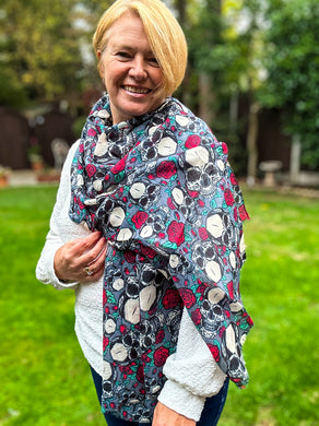 Ladies Skulls and Roses Print Frayed GREY RED Fashion Scarf