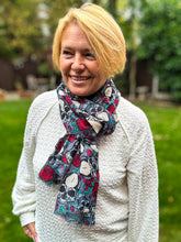 Ladies Skulls and Roses Print Frayed GREY RED Fashion Scarf