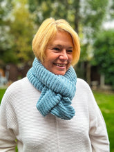 Ladies Knitted Double Wrap Winter Snood Scarf - Denim Blue