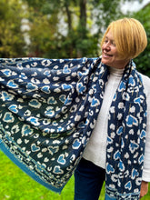 Leopard Animal Print Hearts Gold Foil Self Fraying Fashion Scarf - BLUE