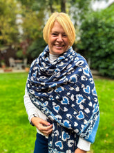 Leopard Animal Print Hearts Gold Foil Self Fraying Fashion Scarf - BLUE