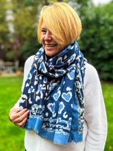 Leopard Animal Print Hearts Gold Foil Self Fraying Fashion Scarf - BLUE