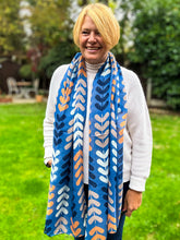 Ladies Multi Coloured Leaf Stems Print DENIM BLUE Fashion Scarf