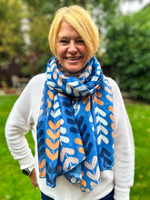 Ladies Multi Coloured Leaf Stems Print DENIM BLUE Fashion Scarf