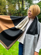 Thick Large Checked TAN BLACK GREY Fringed Pashmina Winter Scarf