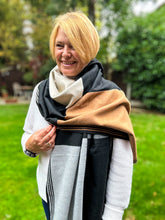 Thick Large Checked TAN BLACK GREY Fringed Pashmina Winter Scarf