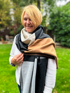 Thick Large Checked TAN BLACK GREY Fringed Pashmina Winter Scarf