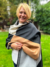 Thick Large Checked TAN BLACK GREY Fringed Pashmina Winter Scarf