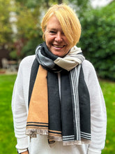 Thick Large Checked TAN BLACK GREY Fringed Pashmina Winter Scarf