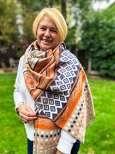 Thick Ikat Dots Multi Patterned ORANGE NAVY CREAM Fringed Pashmina Winter Scarf