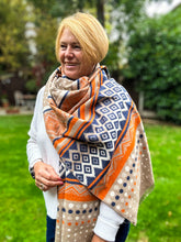 Thick Ikat Dots Multi Patterned ORANGE NAVY CREAM Fringed Pashmina Winter Scarf