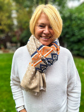 Thick Ikat Dots Multi Patterned ORANGE NAVY CREAM Fringed Pashmina Winter Scarf