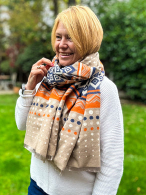 Thick Ikat Dots Multi Patterned ORANGE NAVY CREAM Fringed Pashmina Winter Scarf