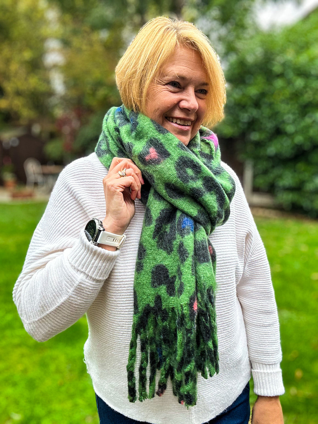 Thick Leopard Animal Print Hearts Tassel Pashmina Winter Scarf - GREEN