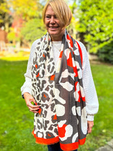 Ladies Bold Leopard Animal Print ORANGE CHARCOAL GREY Fashion Scarf