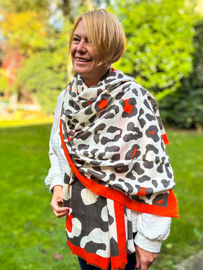Ladies Bold Leopard Animal Print ORANGE CHARCOAL GREY Fashion Scarf