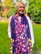 Ladies Multi Coloured Leafy Branches Pattern Fashion Scarf - Purple