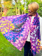 Ladies Multi Coloured Leafy Branches Pattern Fashion Scarf - Purple