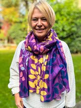 Ladies Multi Coloured Leafy Branches Pattern Fashion Scarf - Purple