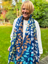 Ladies Multi Coloured Leafy Branches Pattern Fashion Scarf - Denim Blue