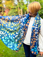 Ladies Multi Coloured Leafy Branches Pattern Fashion Scarf - Denim Blue