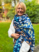 Ladies Multi Coloured Leafy Branches Pattern Fashion Scarf - Denim Blue