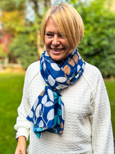 Ladies Multi Coloured Leafy Branches Pattern Fashion Scarf - Denim Blue