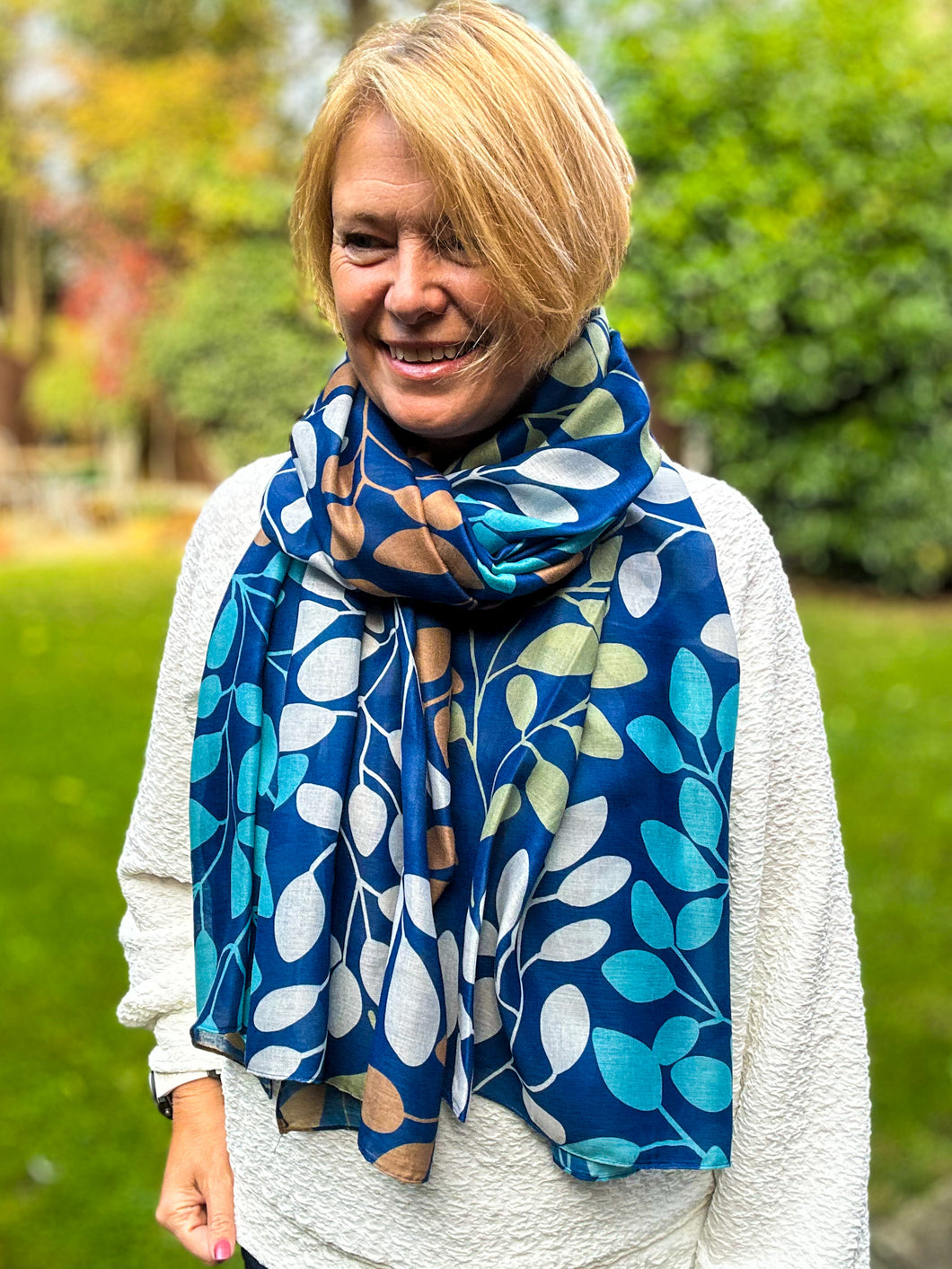 Ladies Multi Coloured Leafy Branches Pattern Fashion Scarf - Denim Blue