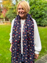 Ladies Autumn Leaves and Hedgehog Pattern Fashion Scarf - Navy Blue