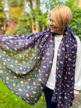 Ladies Autumn Leaves and Hedgehog Pattern Fashion Scarf - Navy Blue