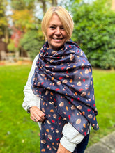 Ladies Autumn Leaves and Hedgehog Pattern Fashion Scarf - Navy Blue