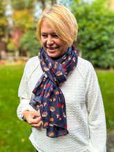 Ladies Autumn Leaves and Hedgehog Pattern Fashion Scarf - Navy Blue