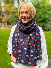 Ladies Autumn Leaves and Hedgehog Pattern Fashion Scarf - Navy Blue