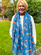 Ladies Cute Woodland Christmas Print Fashion Scarf - Denim Blue