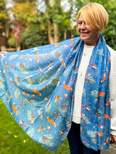 Ladies Cute Woodland Christmas Print Fashion Scarf - Denim Blue