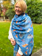 Ladies Cute Woodland Christmas Print Fashion Scarf - Denim Blue