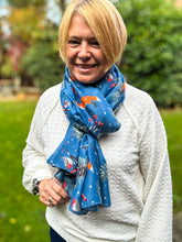 Ladies Cute Woodland Christmas Print Fashion Scarf - Denim Blue