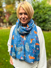 Ladies Cute Woodland Christmas Print Fashion Scarf - Denim Blue