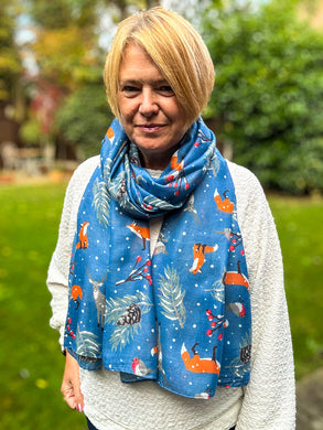 Ladies Cute Woodland Christmas Print Fashion Scarf - Denim Blue