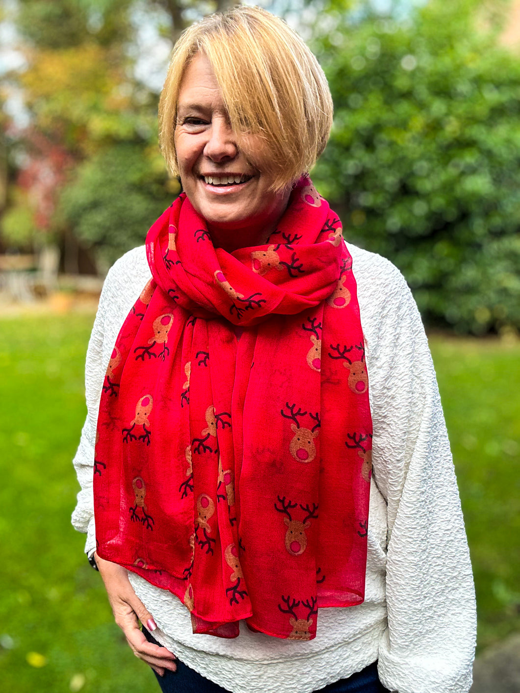 Ladies Cute Rudolph Reindeer Christmas Print Fashion Scarf - RED