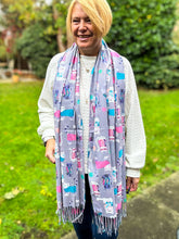 Ladies Cat Kitten Print GREY Warm Tasseled Scarf