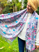 Ladies Cat Kitten Print GREY Warm Tasseled Scarf