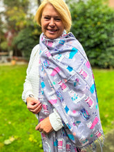 Ladies Cat Kitten Print GREY Warm Tasseled Scarf