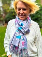 Ladies Cat Kitten Print GREY Warm Tasseled Scarf