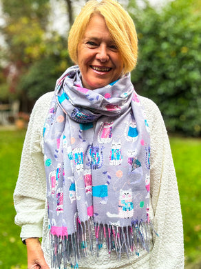 Ladies Cat Kitten Print GREY Warm Tasseled Scarf